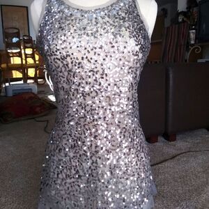 Silver Sequin Tulle Cross-strap Metallic Sleeveless Jeweled Mini Dress S…